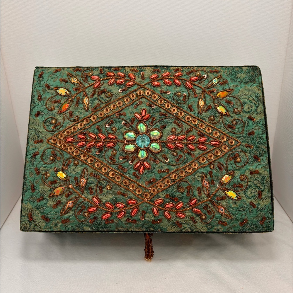 Green Embellished Jewelry Storage Box with Coral & Gold Accents